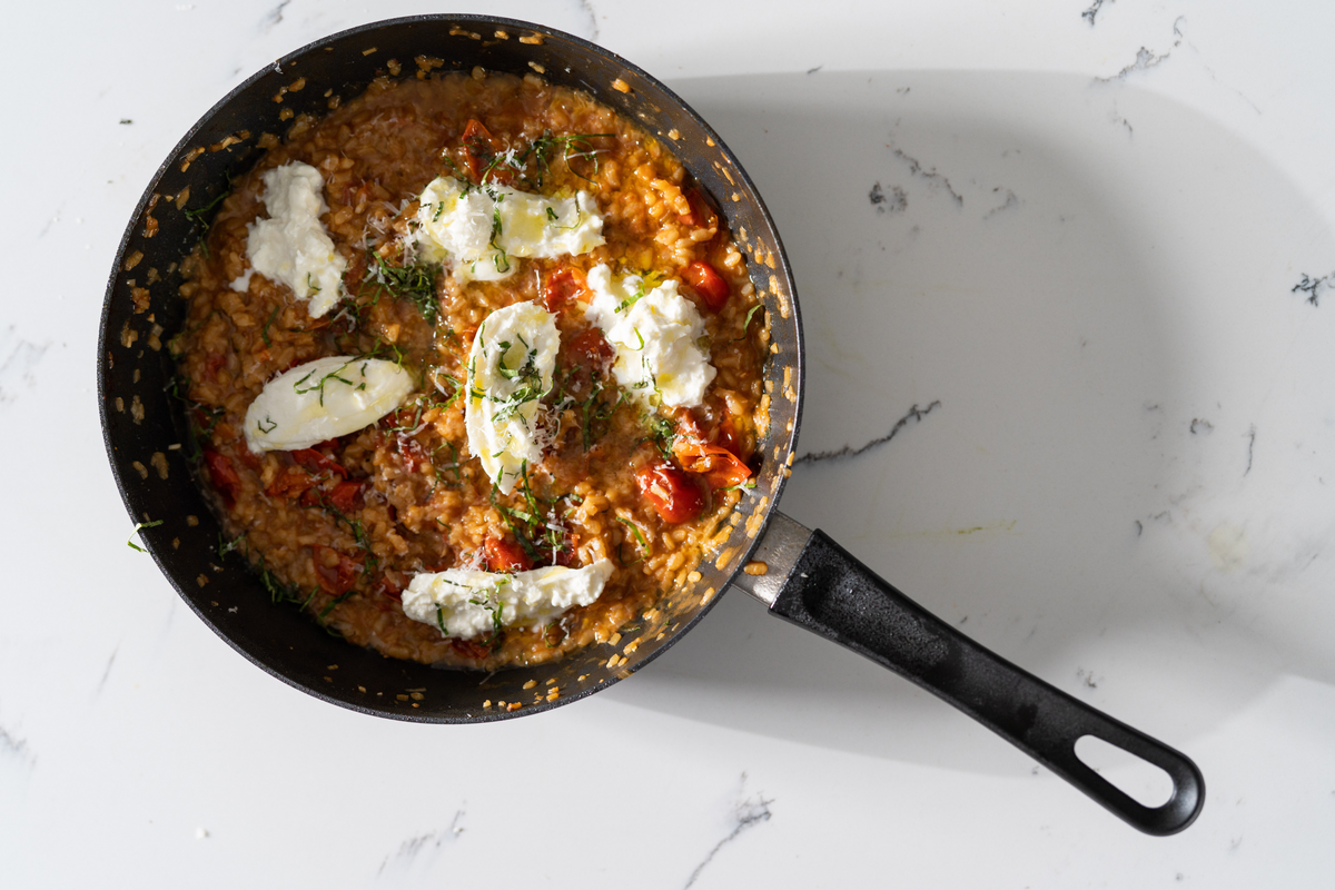 Tomato Risotto with Burrata and Basil